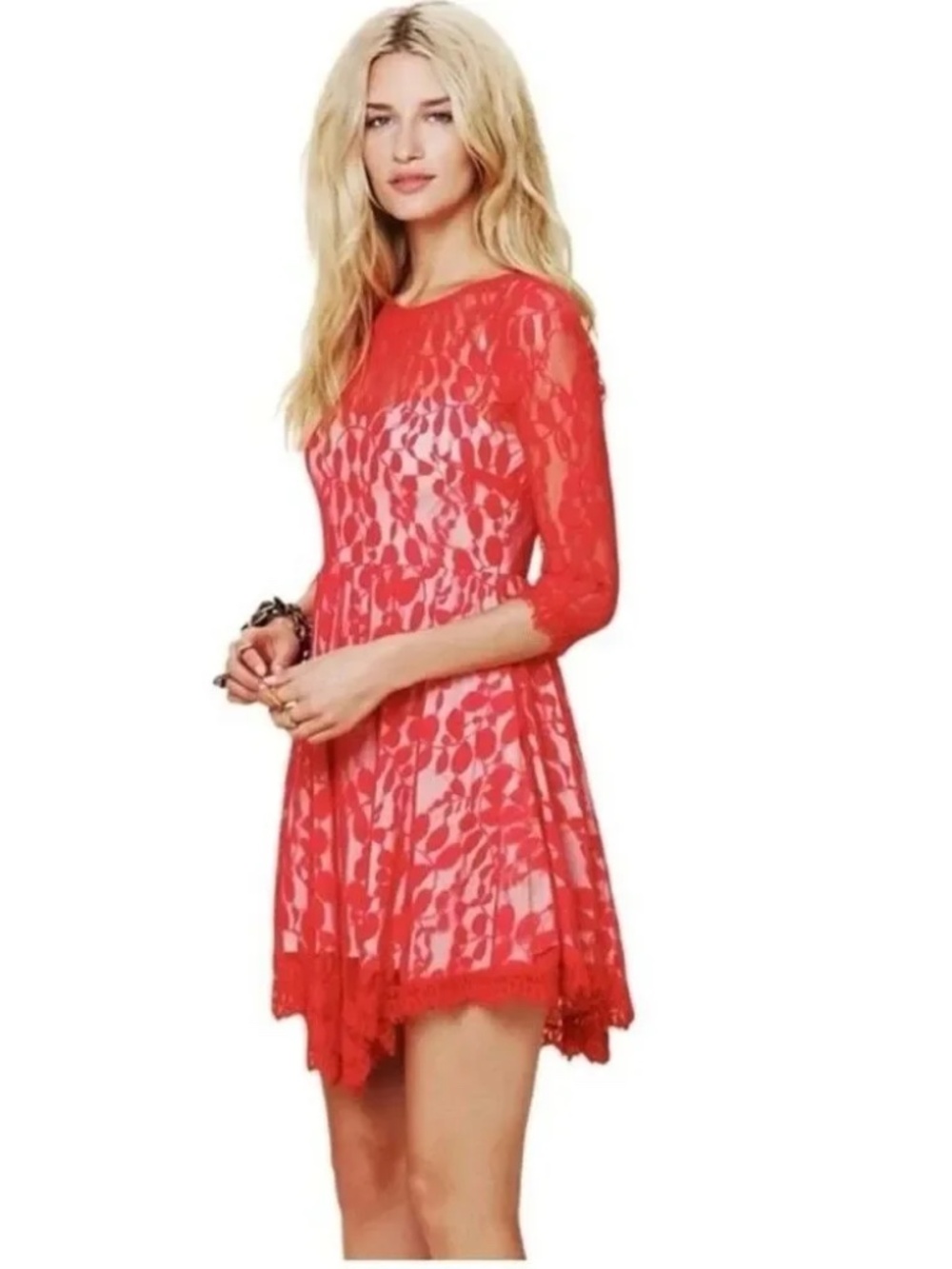 NWOT Free People Mini Dress Red Floral Mesh Lace Bohemian (10)